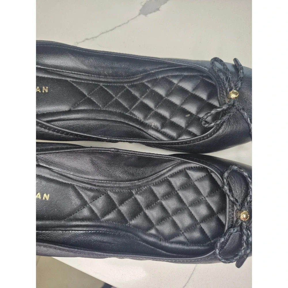 Cole Haan Grand.OS Women Black Leather Quilted Wedge Pumps Bow Detail Round Toe